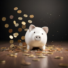 Coins falling to white piggy saving money financial and money deposit concept