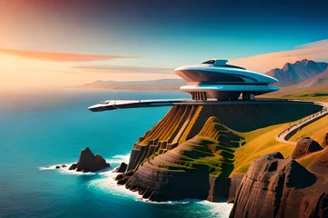 Poster ufo flying over the sea © tahira