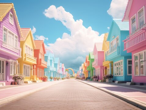 A city street with a rainbow colored building and rainbow on the sky.