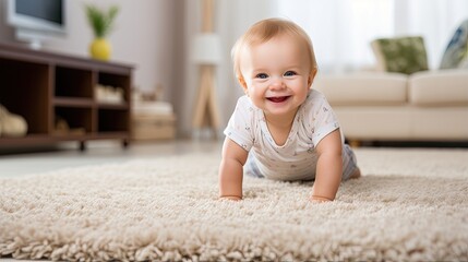The happy and curious baby crawls forward on the fluffy carpet. Infant learns to move on floor at home.