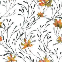 Autumn maple leaves are orange with graceful black branches. Hand drawn watercolor illustration. Seamless pattern simple on white background