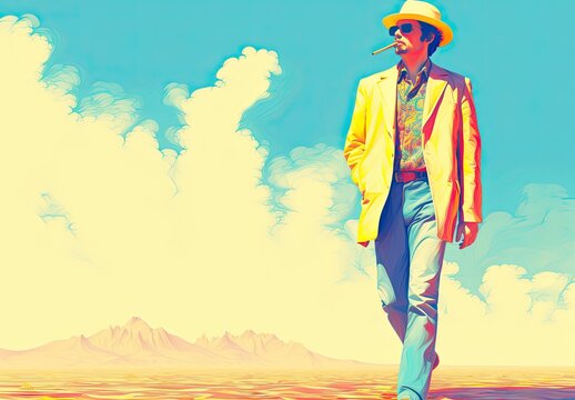 A stylishly dressed man in sunglasses, hat and suit walks forward alone through a sunny valley smoking a cigarette. A painting with space for text. Illustration for cover, card, interior design, etc.