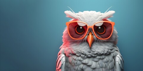 Creative animal concept.an owl wearing sunglasses on a blue background, digital art, faceted, copy space. Generative AI