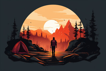 a man hiking and camping in the forest