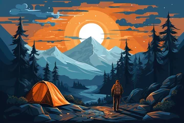 Foto op Canvas A man hiking and camping in the forest © charnsitr