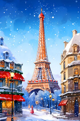 Illustration of the city of Paris at Christmas, France