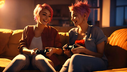 2 Two happy caucasian lesbian couple sitting on couch in living room at home enjoying playing console video game together. lesbian women holding in hands joystick. female, girls roommate generative AI