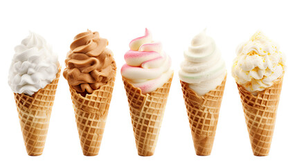 Five Ice cream cones with different flavors in a  Dessert-themed, photorealistic illustration in a PNG format, cutout, and isolated.  Generative ai