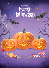 Happy Halloween Poster With 3D Rendering Pumpkins, Bats And Candies