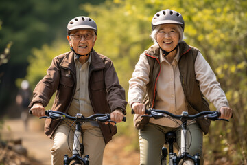 Naklejka premium Happy elderly couple in helmets rides bicycles in the park. Sports for older people.