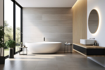 Fototapeta na wymiar Elegant, bright bathroom interior with a large window, granite floor and washbasin.