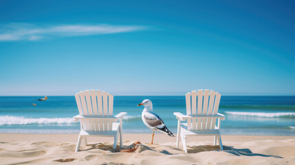 Chair for relaxing while on vacation with the sea and sandy beach as a backdrop.