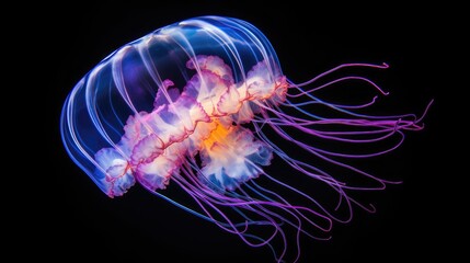Naklejka premium Jellyfish swimming in the sea. Dark blue depth of the ocean, view from under the water. Illustration of sun rays underwater. Illustration for banner, poster, cover, brochure or presentation.