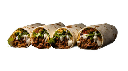 several beef burritos, with cheese cilantro, and spices in a Mexican Food-themed, photorealistic illustration in a transparent PNG, cutout, and isolated. generative ai