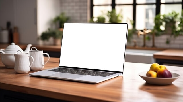 mockup image of laptop with blank transparent screen, on the table by the tea set and fruits in a cozy kitchen environment furnishings. Ideal for recipes or online cooking courses website marketing an