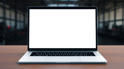 mockup image of laptop with blank transparent screen, on the table in a cozy gym environment furnishings. Ideal for website marketing and advertising