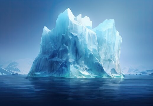 A beautiful and massive iceberg floating in cold water. Scenic view of the sea with a floating glowing ice floe in the night. Illustration for cover, postcard, greeting card, interior design, decor.