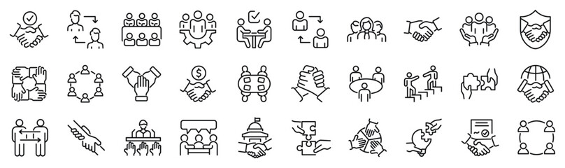 Set of 30 outline icons related to partnership. Linear icon collection. Editable stroke. Vector illustration