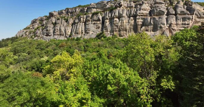 Mountain bulgarian landscape of Madara horseman and rock plateau, Shumen, Bulgaria. Wonderful nature rocks and caves