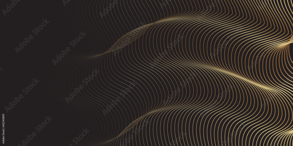 Poster abstract luxury gold wavy flowing dynamic smooth curve lines isolated on black background. digital f