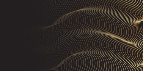 Abstract luxury gold wavy flowing dynamic smooth curve lines isolated on black background. Digital future technology concept. Design for web design, cover, technology, science, data, music, magazine.