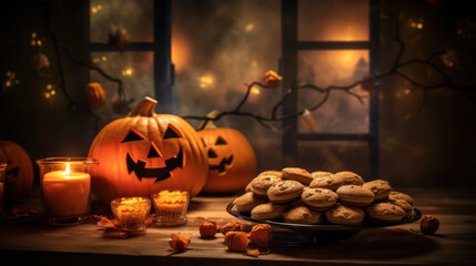 Fototapeta premium Background inspired by traditional Halloween cookies, trick or treat. generated with ai