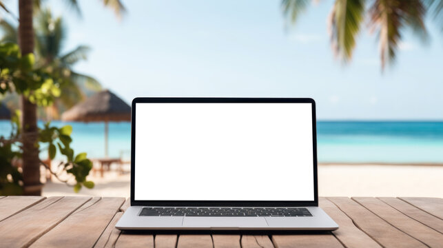 mockup image of laptop with blank transparent screen, on the table by the ocean and palm trees in a cozy tropical beach environment furnishings. Ideal for travel and remote work website marketing and © Аrtranq