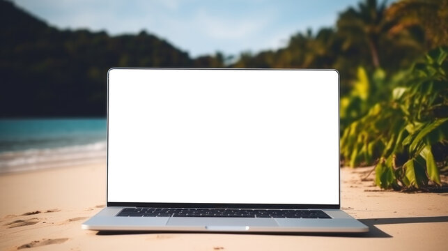 mockup image of laptop with blank transparent screen, on the table by the ocean and palm trees in a cozy tropical beach environment furnishings. Ideal for travel and remote work website marketing and 