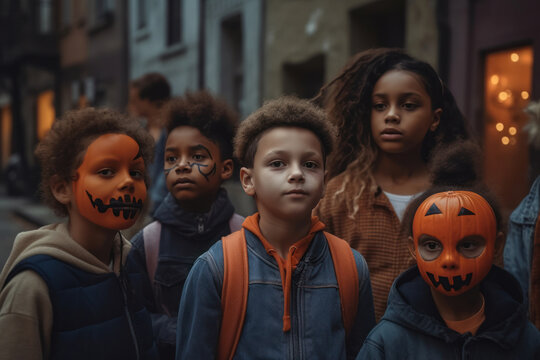 children on the street with their faces painted with typical Halloween pumpkins. Trick or Treating. generated with ai