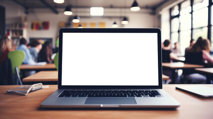 mockup image of laptop with blank transparent screen, on the table by the notebooks and students in a cozy school classroom environment furnishings. Ideal for educational school and university website