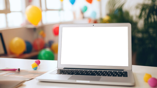 mockup image of laptop with blank transparent screen, on the table by the toys and balloons in a cozy childrens room or kindergarten environment furnishings. Ideal for website marketing and advertisi