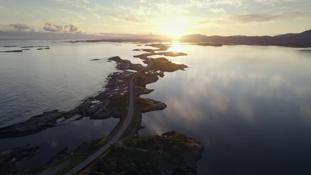 Sunrise aerial view of the Atlantic Ocean road (Atlanterhavsveien), Norway.
