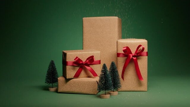 Snowflakes falling on stack of golden gift boxes with elegant satin red bows and pine trees figures isolated on green background. Surprise gifts for Christmas. Happy 2024 New Year presents background