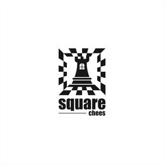 Black Chess The Rook Statue Sculpture silhouette with Square chess Table logo design
