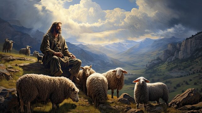 an up-close Shepard, sheep scene in a horizontal format, space for copy in a Pastrorl-themed image as a JPG. generative ai