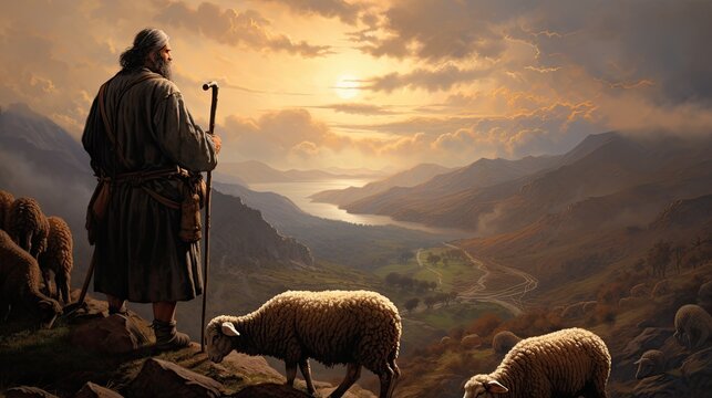 a Shepard, sheep scene in a horizontal format, space for copy in a Pastrorl-themed image as a JPG. Generative ai