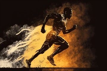Athlete running in the dust against a black background with smoke