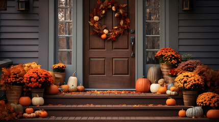 Obraz premium Fall autumn wreath on brown front door. Thanksgiving decoration with pumpkins and autumn flowers on front door steps