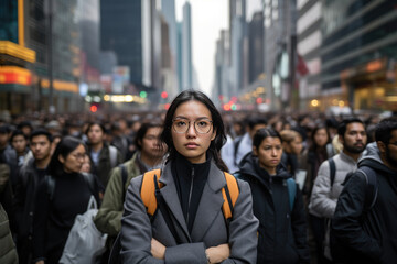 A young Asian woman standing in a crowd of walking people. Looking at camera. Daytime. Big city. Serious and confident.