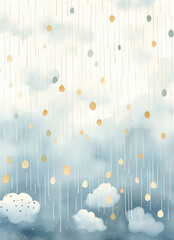 Cloud with raindrops from trees, muted watercolor palettes, nursery decor, ai generative 