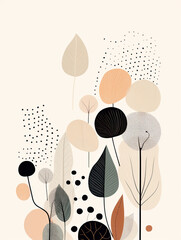 An illustration of nature-inspired forms in dotted, minimalist line art on a very white background. muted pastel colors with black accents, AI generative