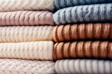 Sunlit close-up details of cozy knitted wool textures in soft hues 