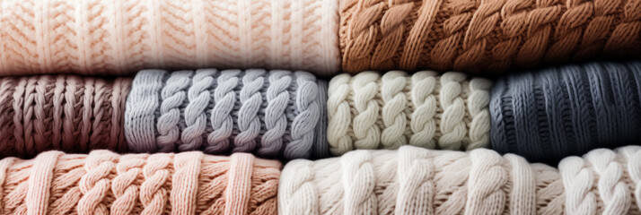 Sunlit close-up details of cozy knitted wool textures in soft hues 