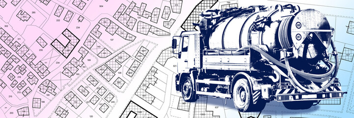Emergency sewer cleaning service on residential district - concept with septic sewage tank truck against an imaginary city map - obrazy, fototapety, plakaty