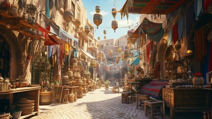 Obraz na płótnie Canvas Exploring the bustling, ancient Middle Eastern market stands, Generative AI.