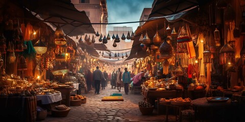 Exploring the bustling, ancient Middle Eastern market stands, Generative AI. - obrazy, fototapety, plakaty