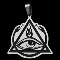 A triangle, a snake and a burning eye. Ouroboros Pendant on the neck. Occult pagan mystical symbol....