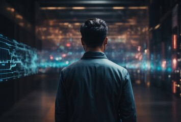 Man In Data Center room, Neon Advanced technology Headquarters, Artificial intelligence