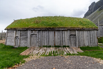 Fototapeta na wymiar Abandoned Viking village, former movie set, in Stokksnes Iceland