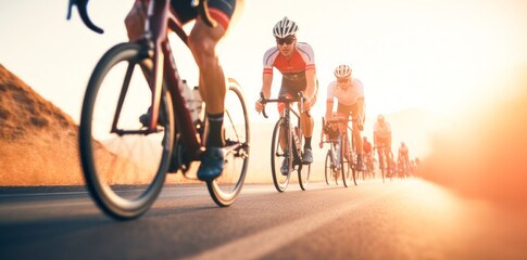 Team of cyclists rides on the highway at sunset